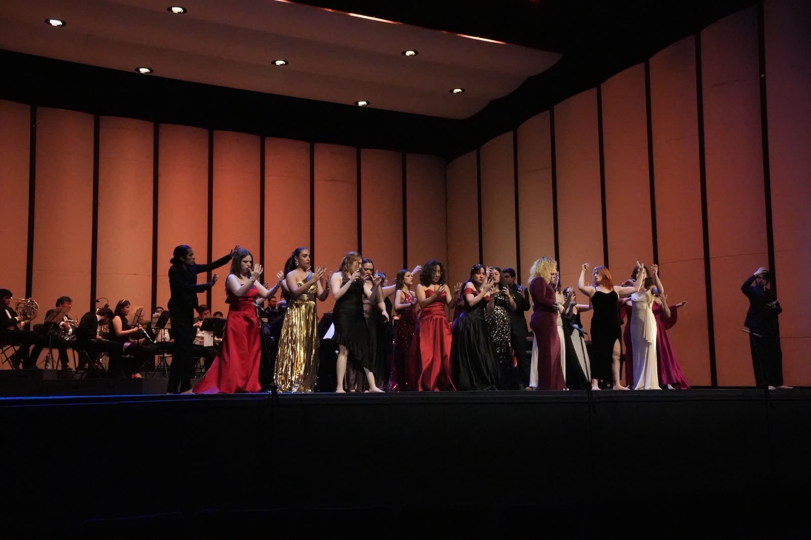 Elenco completo sobre el escenario durante una gala lírica